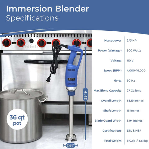 Heavy Duty Commercial Immersion Blender With 500 Watt Motor And 16 Inch Stainless Steel Shaft For Restaurants Handling Thick Soups And Creamy Sauces NSF Certified Hustle Proof Kitchen Workhorse with specifications.