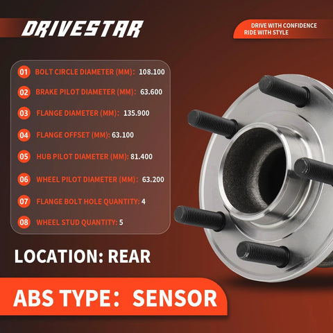 Rear Left And Right Wheel Hub And Bearing Assembly For Ford Focus 2012 2018 With ABS Sensor 5 Lug Bolt Pattern Replacement Part