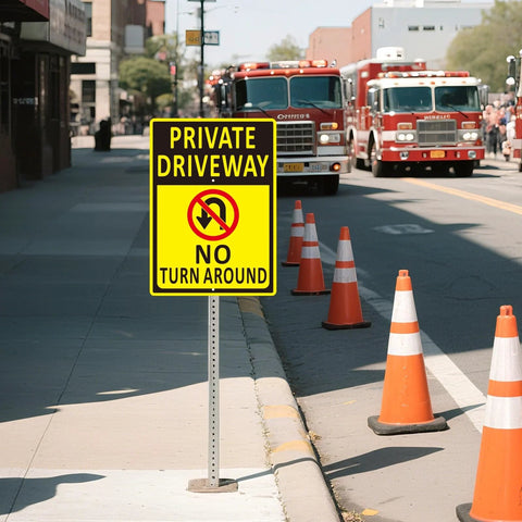 Two 14x10-inch yellow aluminum driveway signs on long stakes, reading Private Driveway No Turn Around.