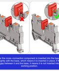 Comparison of 20 Pack 2 Pole DIN Rail Terminal Block Jumpers for DK2.5N and DK2.5N-BL in correct and incorrect installation.