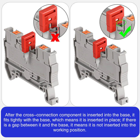 Comparison of 20 Pack 2 Pole DIN Rail Terminal Block Jumpers for DK2.5N and DK2.5N-BL in correct and incorrect installation.