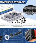 Badass M5 M6 Cage Nuts Kit With Screws Contains 80 Pieces Of Heavy Duty Black Fasteners in a plastic storage box for convenience.