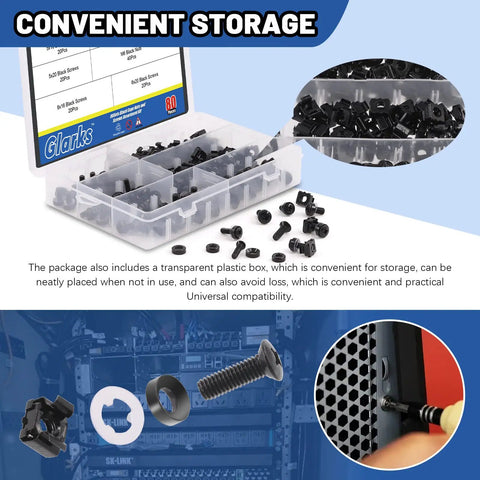 Badass M5 M6 Cage Nuts Kit With Screws Contains 80 Pieces Of Heavy Duty Black Fasteners in a plastic storage box for convenience.
