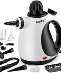 Heavy Duty Pressurized Handheld Steam Cleaner With Ten Piece Accessory Set Kicking Grease Grime And Pet Hair From Rugs Couches Tile And Sealed Wood Floors For No Sweat Household Cleaning Tasks, shown with accessories.