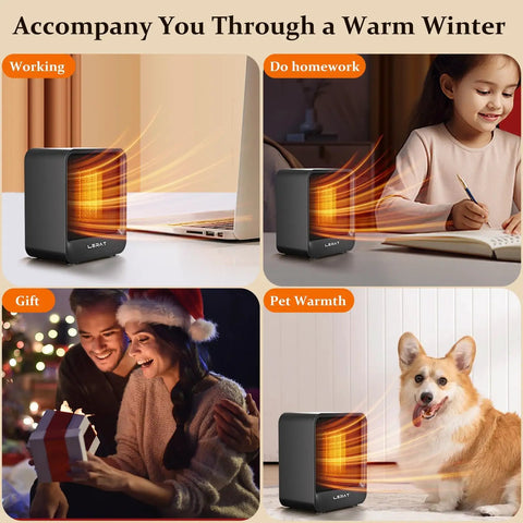 Compact 500W Space Heater For Home Office And Dorm shown used for work, study, gift, and pet warmth during winter.