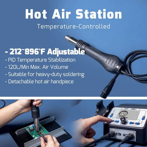 2 In 1 Soldering Iron Station And Hot Air Rework System With LCD Display, showing detachable hot air handpiece and control panel.