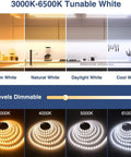 26Ft Dimmable 24V LED Strip Lights With Remote Tunable White 3000K-6500K Flexible 2835 Tape Rope Lighting display of color range