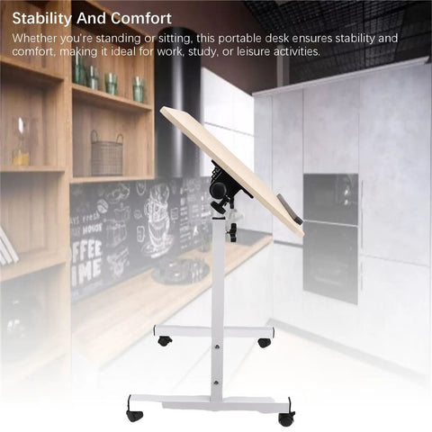 Mobile Adjustable Standing Desk With Scratch Resistant White Maple Surface And Sturdy Metal Base Rock Solid Height Adjustable Mobile Workstation For Home Office Or Study Hassle Free Setup Smooth Glide Wheels in a modern kitchen.