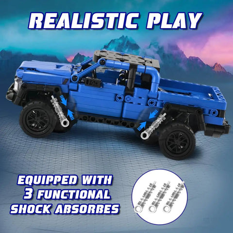 Off Road Pull Back Car Building Kit For Kids 8 12 390 Piece STEM Set For Boys And Girls, blue truck with 3 shock absorbers