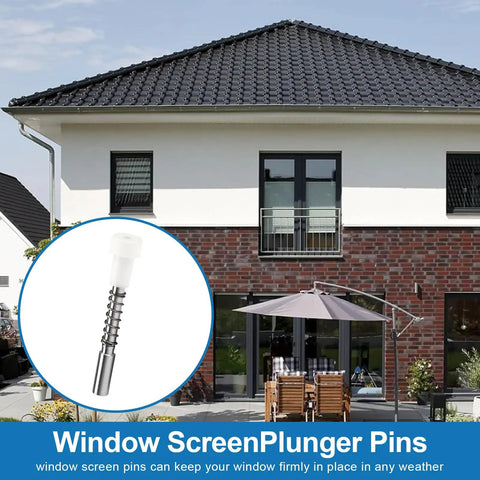 Twenty Piece Window Screen Plunger Latches, Top Notch Aluminum Alloy Spring Push Pins, Heavy Duty Retractable Clip hardware shown on house.