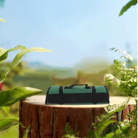 Portable Chef Knife Roll Case With Multiple Pockets And Wear Resistant Fabric Large Capacity For Outdoor Use on Tree Stump