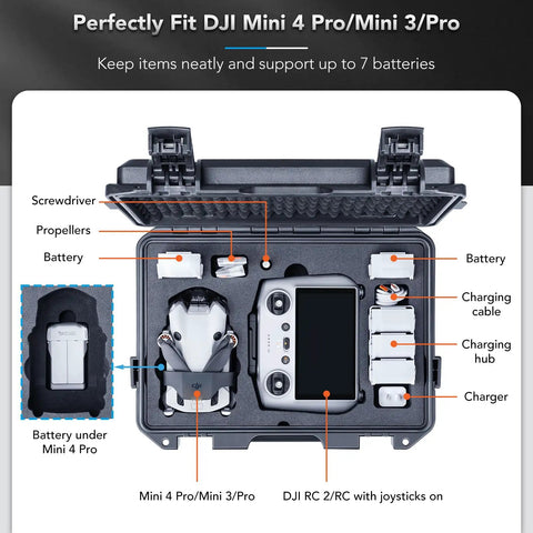 Waterproof Hard Case For DJI Mini 4 Pro Mini 3 Pro And RC Transmitters RC 2 RC N2 N1 Holds Up To Seven Batteries with Custom Padding