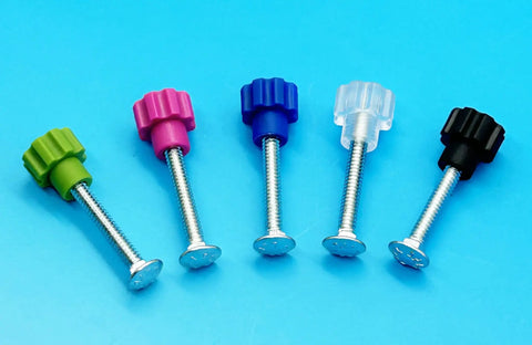 Drop In Hardware Upgrade For Plastic Pet Carriers And Portable Dog Crates Featuring Sixteen Bad Boy Seven Eighth Inch Steel Bolts Matched With No Sweat Blue Thumb Screws That Snap Tight Without A Single Fuss, colorful thumb screws with steel shafts.