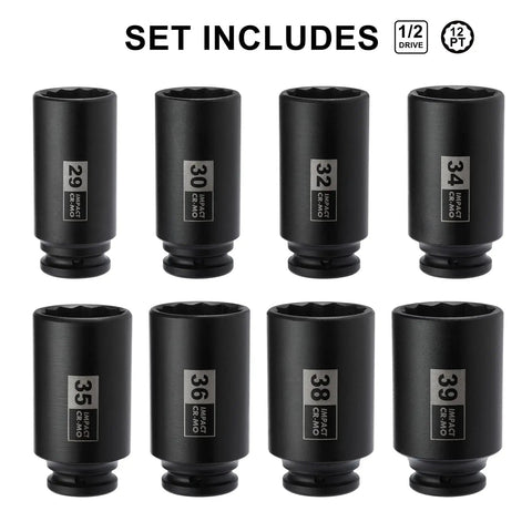 Deep Axle Nut Socket Set For One Half Inch Drive With 12 Point Design Extra Deep Impact Sockets 29mm To 39mm 8 Pack CR MO