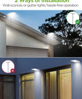 Outdoor Solar Wall Mount Lights Pack of 2 with 80 LEDs, IP65 waterproof, correctly and incorrectly installed on wall and gutter.