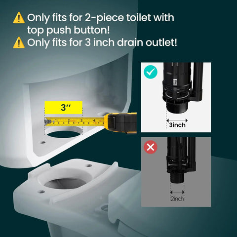 Diagram showing 3 Inch Dual Flush Valve With Top Push Button Inside Tank Toilet Repair Kit For 2 Piece Toilets No More Leaks Quick Fix Running Water And Ghost Flush Model A2422M with a 3-inch drain outlet compatibility.