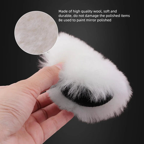Close-up of Dope 7 Piece Six Inch Wool Polishing Pad being held, showing soft white wool texture for car polishing and buffing.