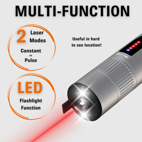 Visual fault locator fiber optic pen with retractable head; red laser beam and LED flashlight function.