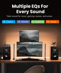 Hi Res 2.0 Powered Bookshelf Speakers with Planar Magnetic Tweeters, 256W RMS next to monitor on a desk setup with EQ options.