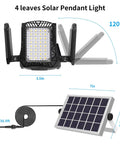 Solar Powered Outdoor Shed Light 128 LED Solar Pendant Lights With Remote showing dimensions and adjustable solar panel