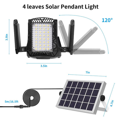 Solar Powered Outdoor Shed Light 128 LED Solar Pendant Lights With Remote showing dimensions and adjustable solar panel