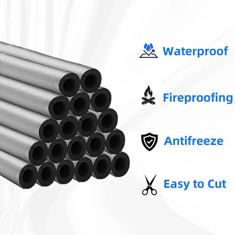 Self-Adhesive Pipe Insulation Foam Tubes 20 Pack, 1.31 Ft Each, 0.59 Inch Thick, features waterproof, fireproof, antifreeze icons