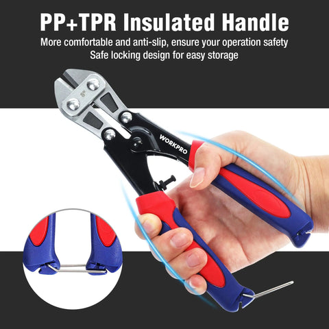Mini Bolt Cutter 8 Inch With Spring Loaded Action, Heavy Duty Wire Cable Cutter For Tough Jobs shown with anti-slip handle