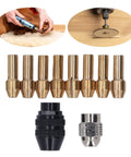 Heavy Duty Keyless Drill Chuck Collet Set Fits 1/32 To 1/8 Inch With Premium Brass Adapters and stainless nuts with 8 brass collets.