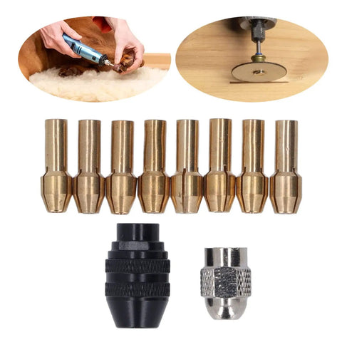 Heavy Duty Keyless Drill Chuck Collet Set Fits 1/32 To 1/8 Inch With Premium Brass Adapters and stainless nuts with 8 brass collets.