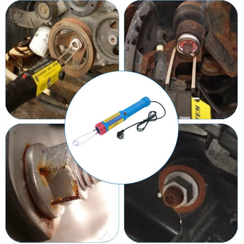 Heavy Duty Magnetic Induction Heater Bolt Remover With Zero Flame showing tool, swappable coils, and rusted bolts in automotive use.