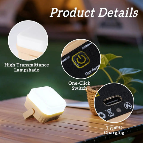 Close-up of Four Pack Rechargeable Camping Lanterns with high transmittance lampshade, one-click switch, and Type-C charging port.