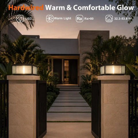 Level Up Your Curb Game With This Badass Outdoor Porch Lamp Post Light Featuring A Large Black Gate Column Pillar Design Built Tough For Weatherproof Pathway Vibes Classic Carriage Styling. Warm LED post light on stone column at pathway entrance.