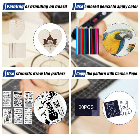 DIY uses of All In One Wood Burning Kit 163 Pcs With Pyrography Pen And Adjustable Temperature, including stencils and coloring.