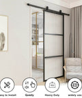 Glass Barn Door 36x84 Reeded Glass With Carbon Steel Pre Drilled Frame Sliding Door Panel Includes 6 Ft Hardware Kit And Soft Close Easy Three Part Assembly Sturdy Rail System Built For Quick Quiet Install installed in a modern interior living room setting