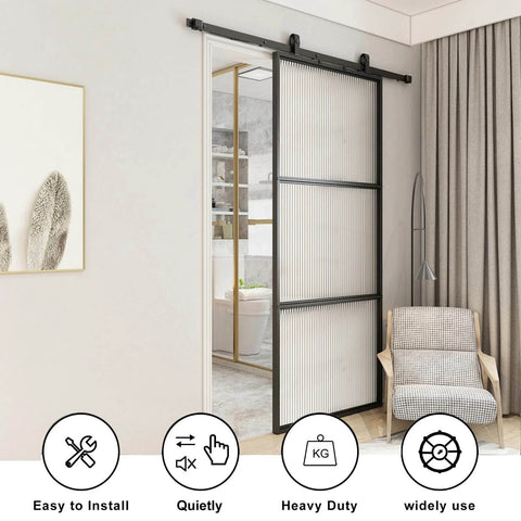 Glass Barn Door 36x84 Reeded Glass With Carbon Steel Pre Drilled Frame Sliding Door Panel Includes 6 Ft Hardware Kit And Soft Close Easy Three Part Assembly Sturdy Rail System Built For Quick Quiet Install installed in a modern interior living room setting