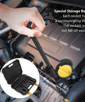 Fresh Hex Deep Socket Kit With 18 Pieces Of Cr V Impact Sockets In 10-24mm Sizes Plus Three Extension Rods, Perfect Black Finish Gear For Car And Machine Repair Tasks. In engine bay with storage case