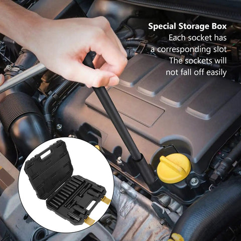 Fresh Hex Deep Socket Kit With 18 Pieces Of Cr V Impact Sockets In 10-24mm Sizes Plus Three Extension Rods, Perfect Black Finish Gear For Car And Machine Repair Tasks. In engine bay with storage case