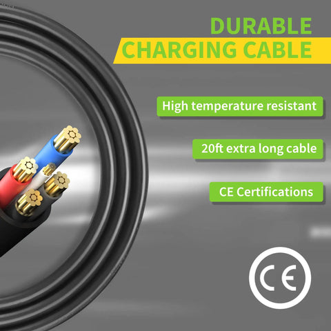 Durable J1772 charging cable with high temperature resistance, 20ft length for easy use with Premium Level 1 EV Charger.
