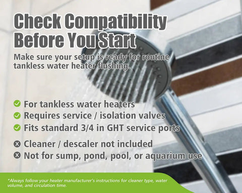 Heavy-Duty Tankless Water Heater Flushing Kit With Powerful Circulation Pump and Durable Stainless Steel Hoses for Hassle-Free Descaling instructions for setup.