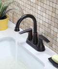 Lead Free Two Handle Oil Rubbed Bronze Bathroom Sink Faucet With 360 Degree Swivel High Arc Spout Four Inch Centerset installed