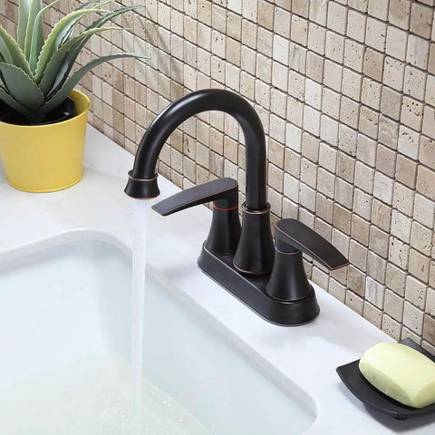 Lead Free Two Handle Oil Rubbed Bronze Bathroom Sink Faucet With 360 Degree Swivel High Arc Spout Four Inch Centerset installed