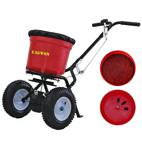 50 Pound Lawn And Fertilizer Spreader With Rustproof Poly Hopper And Epoxy Coated Frame, All Terrain Pneumatic Tires, Adjustable Drop Rate