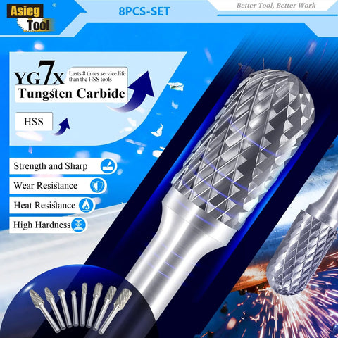 Front view of Amazon 8-piece carbide burr set with 1/4 in shank, double-cut tungsten carbide rotary files