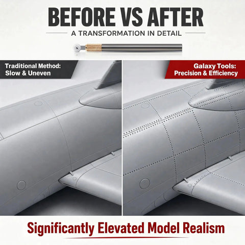 9 Wheel Model Rivet Maker Tool Set With Alloy Handle And 3 Wheel Groups Pro Grade Scribing Kit, before and after model detailing.