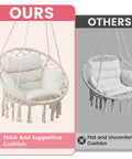 Comparison showing Boho Macrame Hammock Chair Swing with overstuffed cushion vs a flat cushion chair for indoor outdoor use