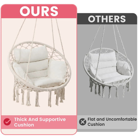 Comparison showing Boho Macrame Hammock Chair Swing with overstuffed cushion vs a flat cushion chair for indoor outdoor use
