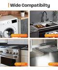 Wide compatibility displayed for adjustable stainless steel stove gap covers kit with washing machine, integrated sink, stove gap, kitchen top