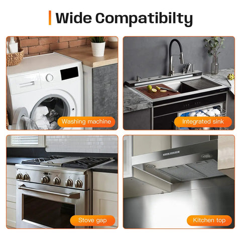 Wide compatibility displayed for adjustable stainless steel stove gap covers kit with washing machine, integrated sink, stove gap, kitchen top