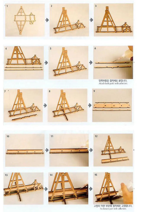 Wooden Trebuchet Desktop Model Kit For Adults A Hardcore Hobby Project construction steps with precision-cut wood parts and adhesive.