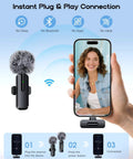 Ultra Clear Wireless Lavalier Microphone 2 Pack For iPhone Android with USB C plug and play, shown with connection to smartphone.